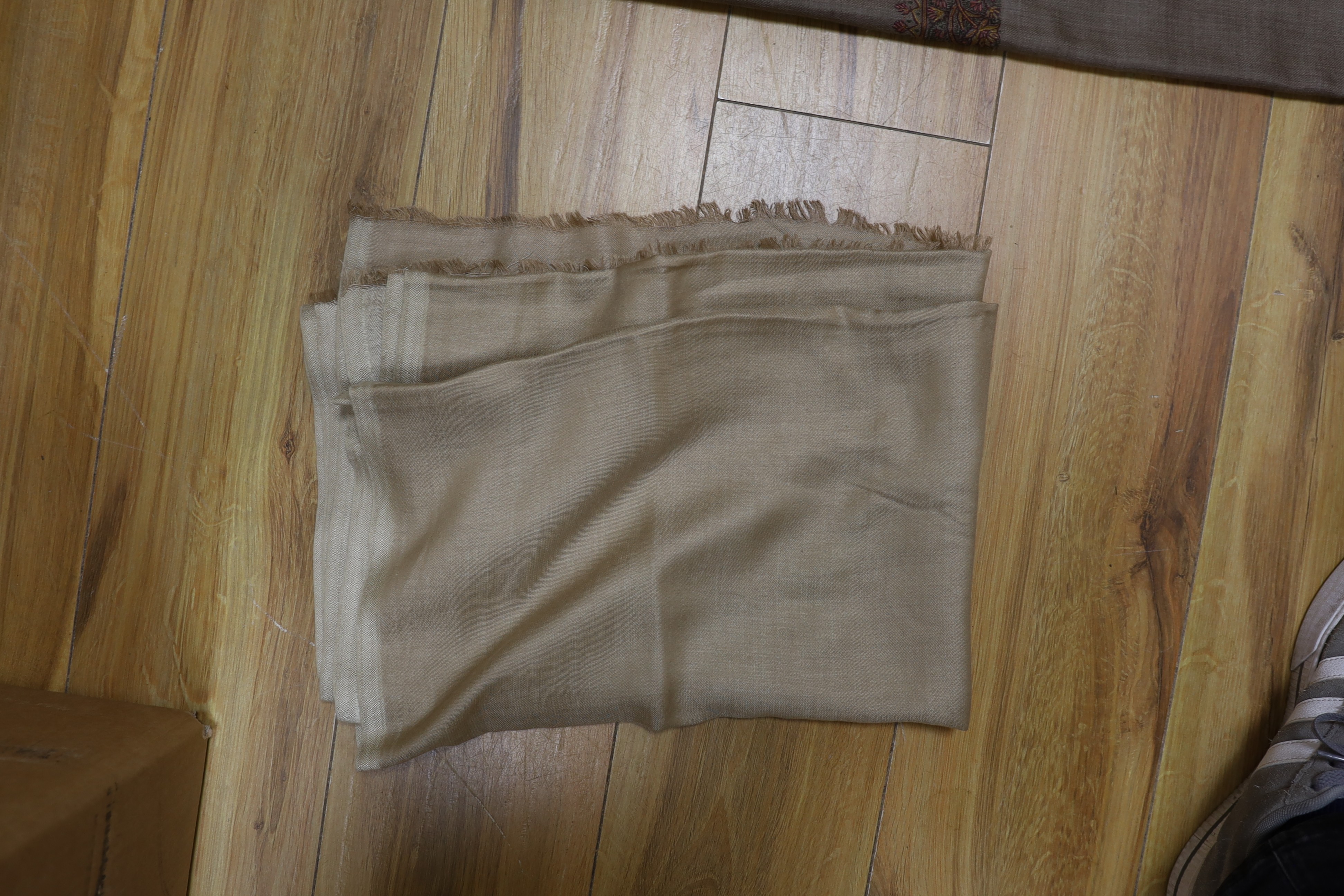 Four Indian wool and cashmere shawls, three silk embroidered